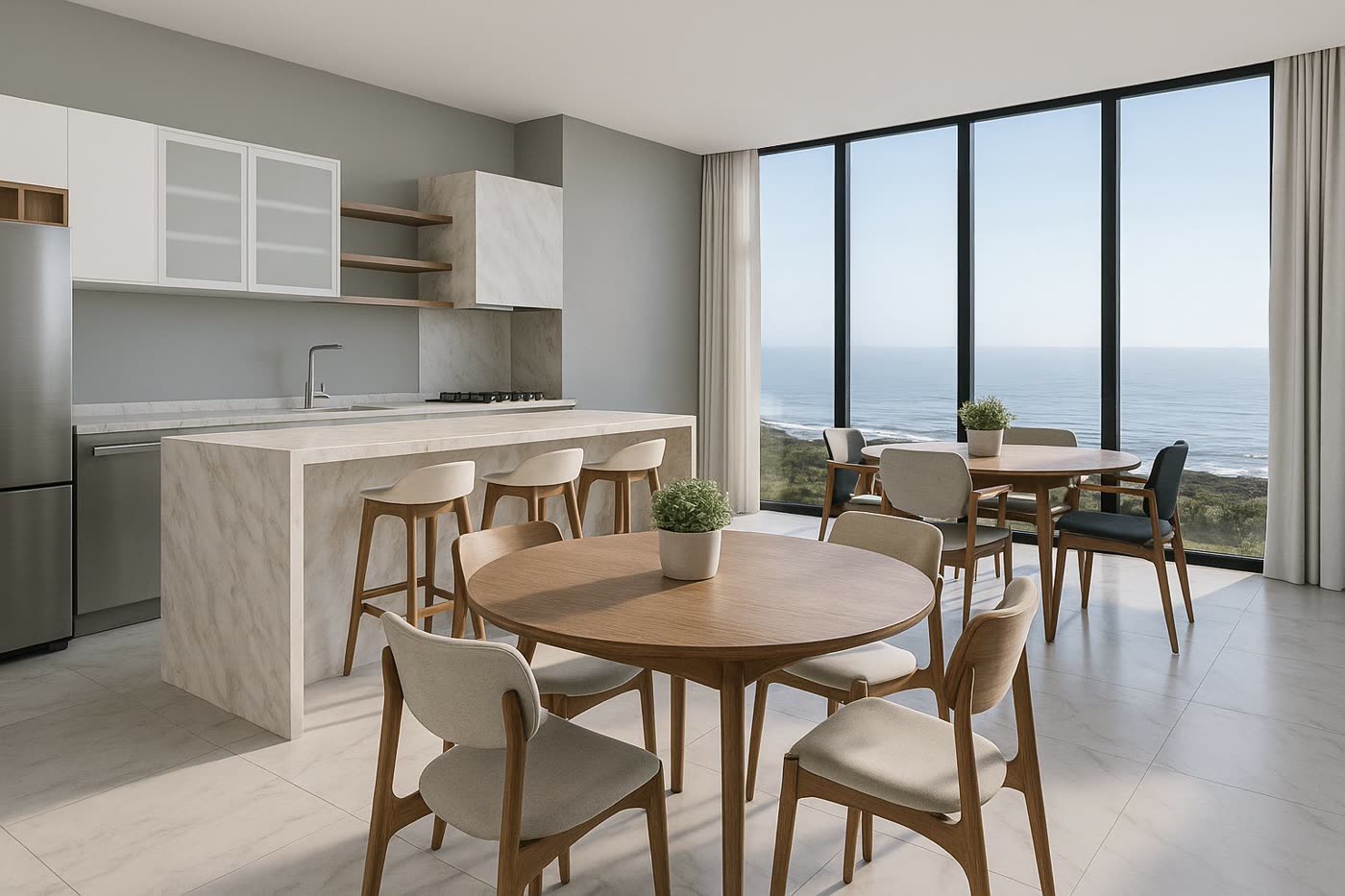 Cozinha integrada à sala de jantar com vista para o mar em apartamento do Bilbao Residencial