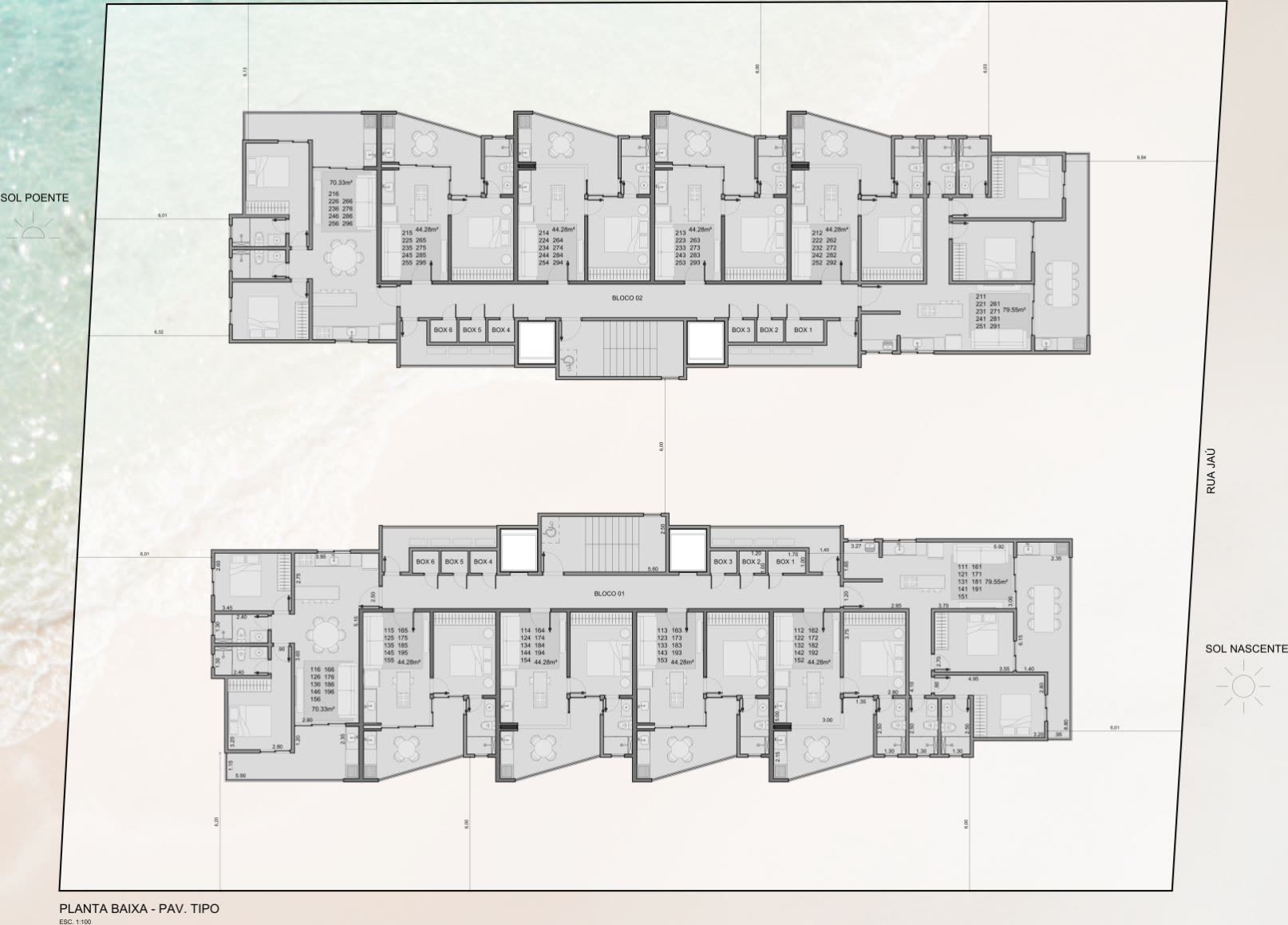 Implantação do pavimento tipo do Bilbao Residencial com os blocos 01 e 02 e a posição dos finais 01 a 06