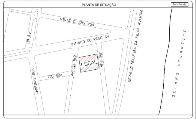 Planta de situação do Bilbao Residencial entre a Rua Amélia e a Rua Jaú, perto da Avenida Geraldo Nogueira da Silva e do mar, em Caraguatatuba